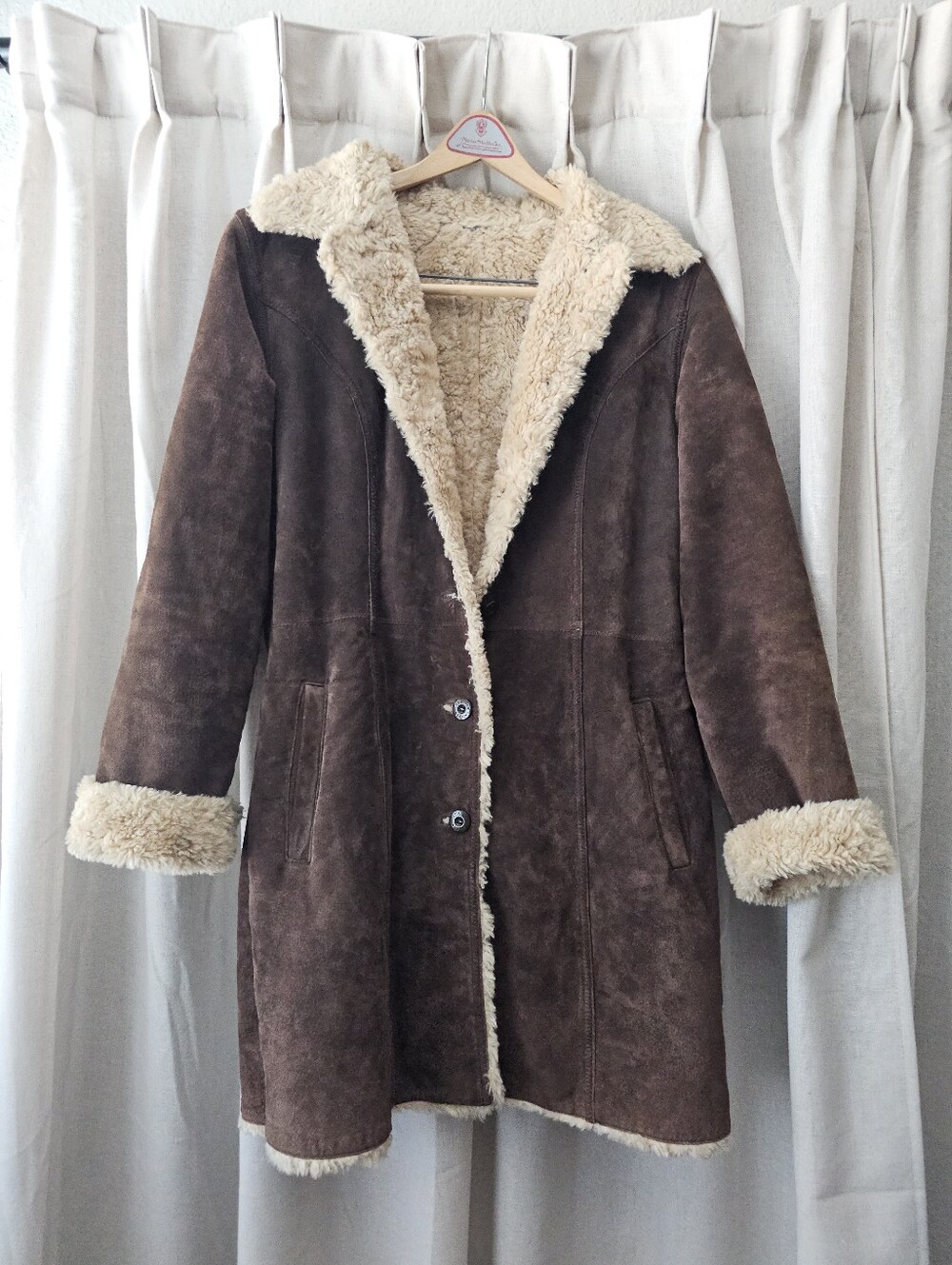 Wilsons Leather Brown Teddy-Lined Suede Coat with Cream Sherpa Trim